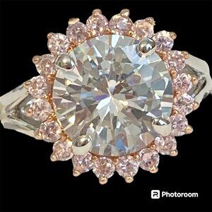 Pink Ice Halo Cocktail Ring Size 8 9 10 Statement Cubic Zirconia Silver Plated